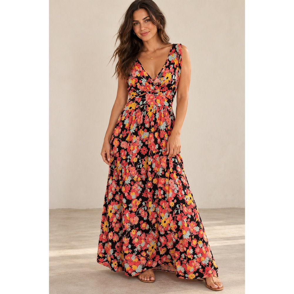 MODCLOTH | Floral Maxi Dress Women Medium Black Pink V-Neck Retro Boho Summer